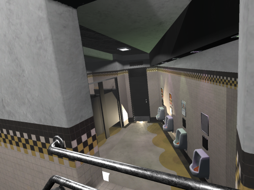 POV You're in a questionable Kansas City memorial bathroon while there's a party going on outside․