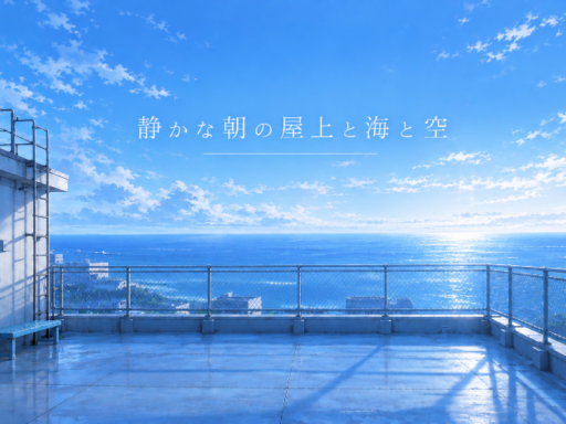 静かな朝の屋上と海と空